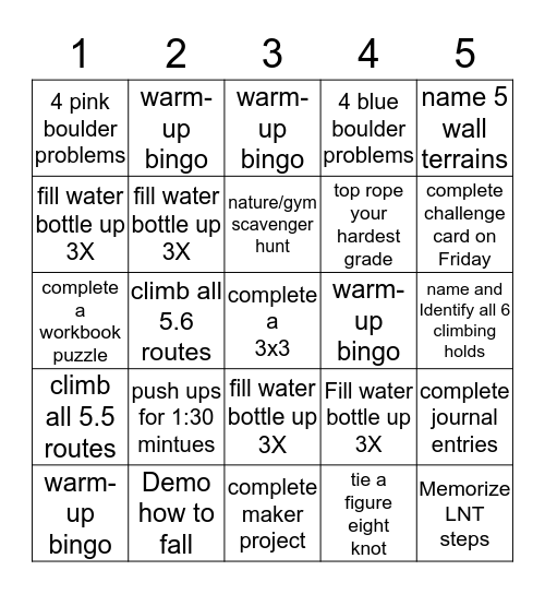 Camp Challenges Bingo Card