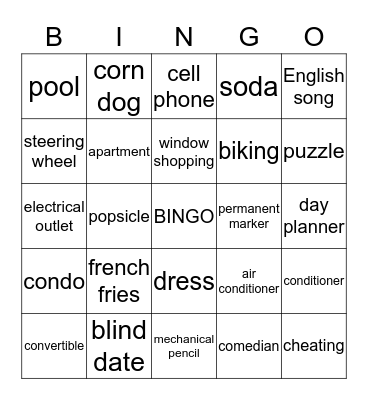 Konglish Bingo Card