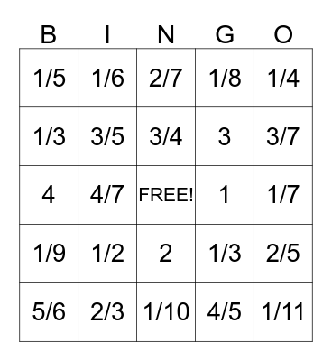 Fraction Bingo Card