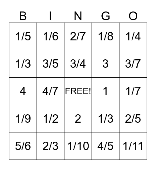 Fraction Bingo Card