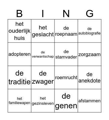 Thema Familie les 1+5 Bingo Card