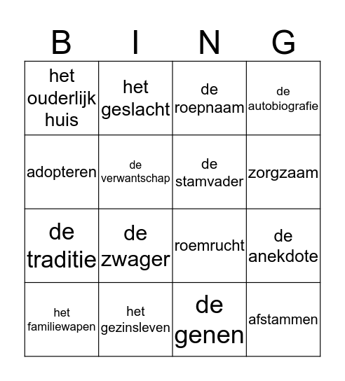 Thema Familie les 1+5 Bingo Card