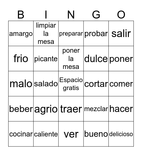 Adjectivos y verbos- La comida Bingo Card