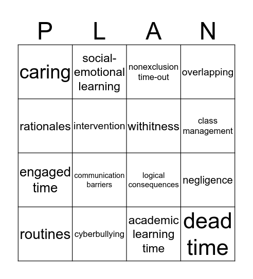 PLAN with Classroom Management  Bingo Card