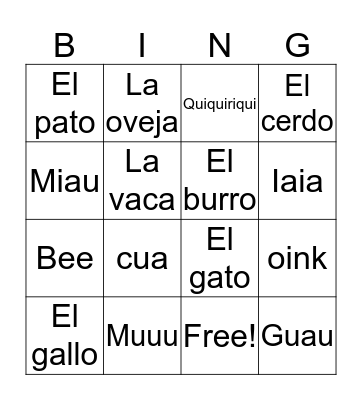 Los Ruidos de los animales Bingo Card