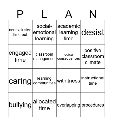 PLAN with Classroom Management  Bingo Card