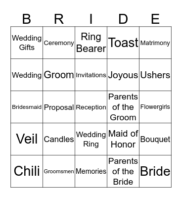 Bridal Bingo Card