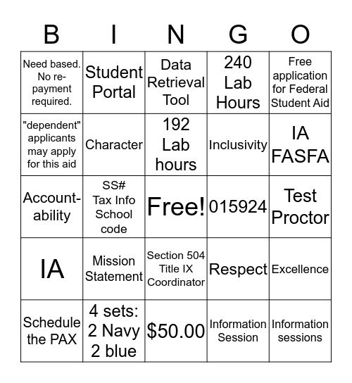 Admissions Bingo Card