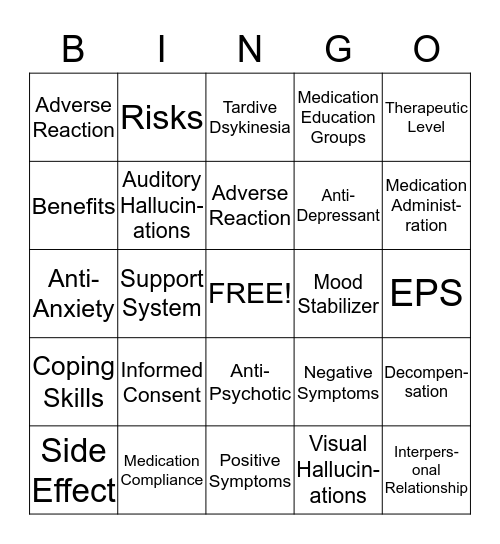 Medication Education Bingo Card