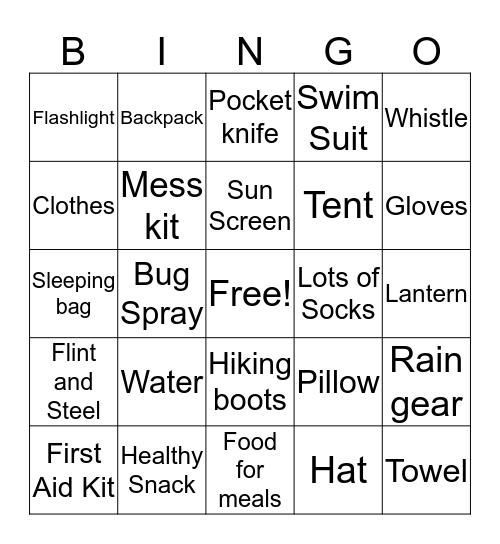 Camping Supplies Bingo Card