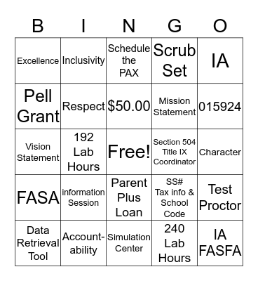 ADMISSIONS Bingo Card