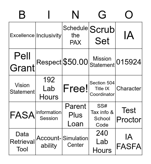 ADMISSIONS Bingo Card