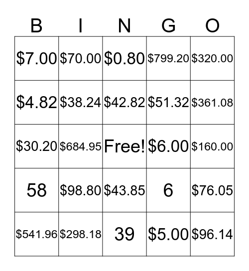 Money Bingo cards Bingo Card