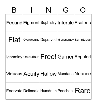 Vocabulary Unit 5 Bingo Card