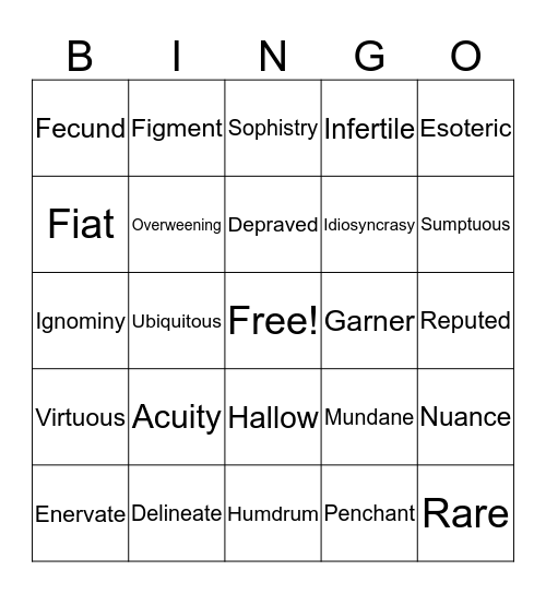 Vocabulary Unit 5 Bingo Card