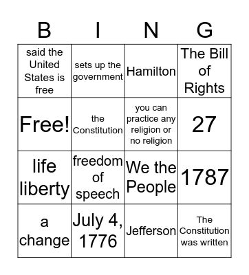 Citizenship Bingo Card