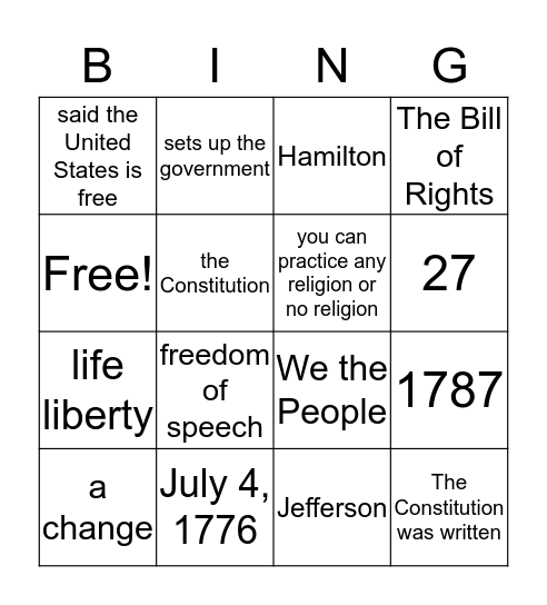 Citizenship Bingo Card