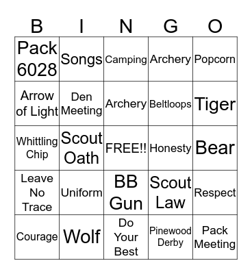 Cub Scout BINGO Card