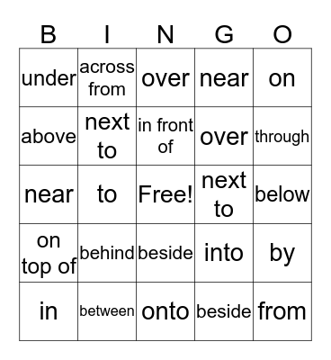 prepositions of place Bingo Card