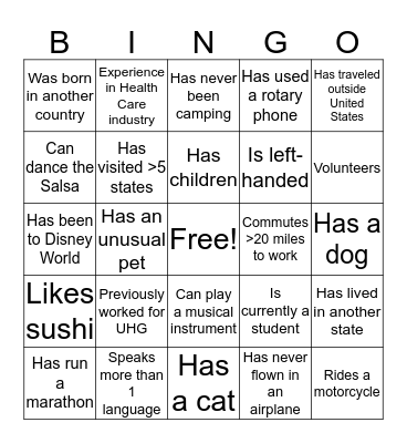 New Hire Bingo Card