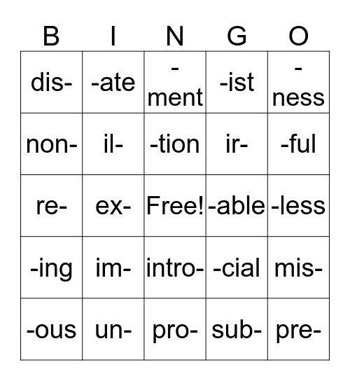 Affixes Bingo Card