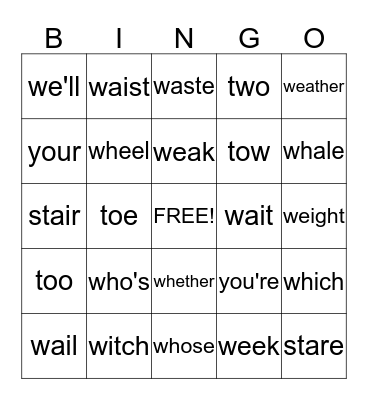 Homphones  Bingo Card