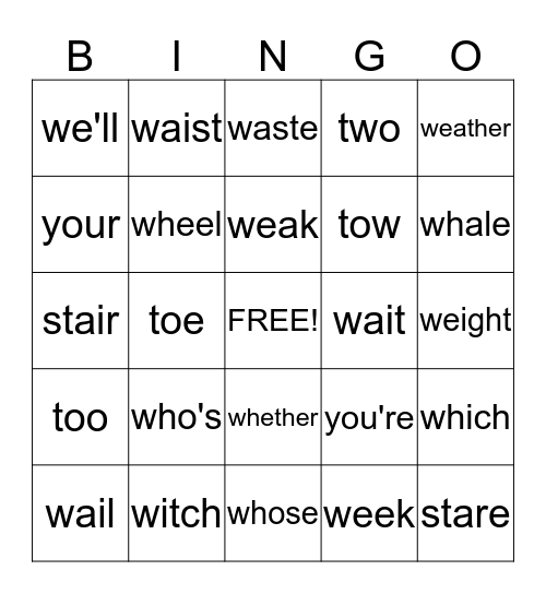 Homphones  Bingo Card