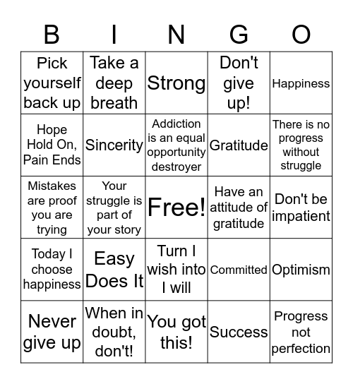 Recovery Bingo Card