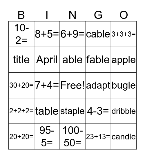 Consonant + le 4-9 Bingo Card