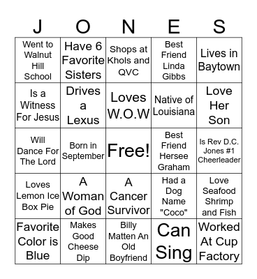 Lady Zora Jones Bingo Card