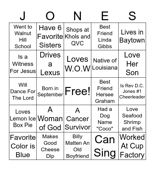 Lady Zora Jones Bingo Card