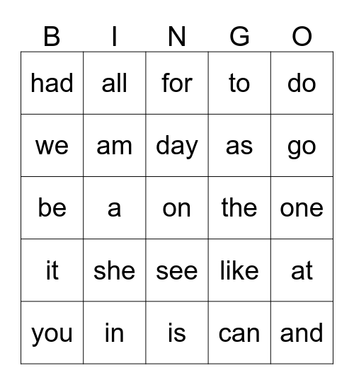 Words We Know Bingo Card