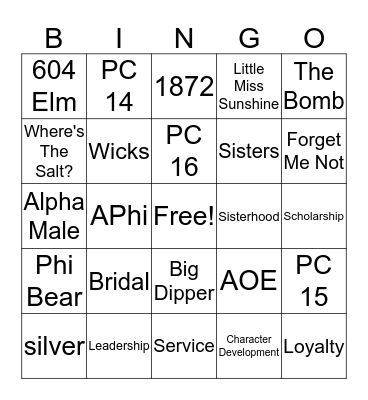 Alpha Phi Bingo Card