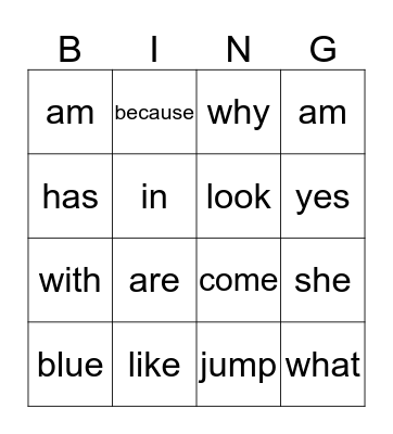 Sight Words Bingo Card