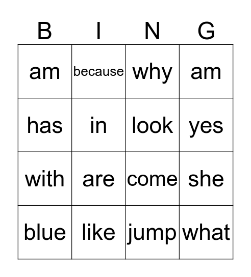 Sight Words Bingo Card