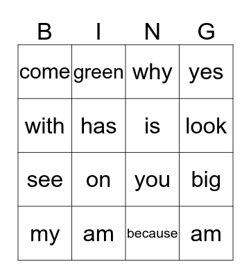Sight Words Bingo Card