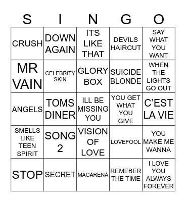 197 90’S JUKEBOX #1 Bingo Card