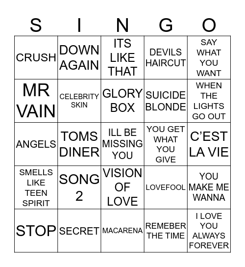 197 90’S JUKEBOX #1 Bingo Card