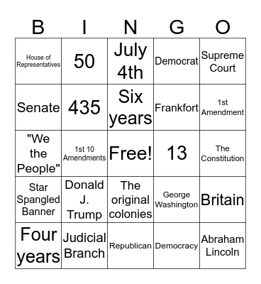 Citizenship Test Bingo Card