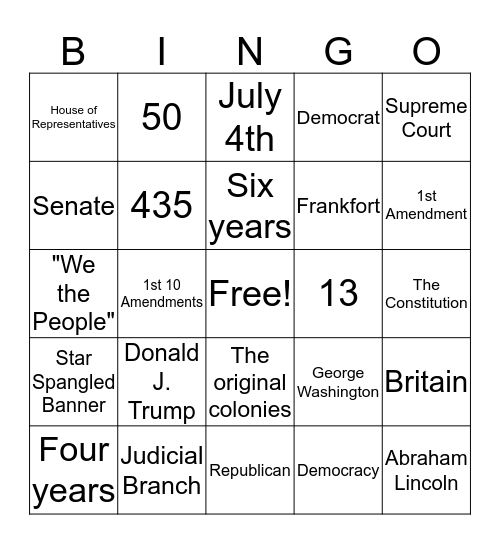 Citizenship Test Bingo Card