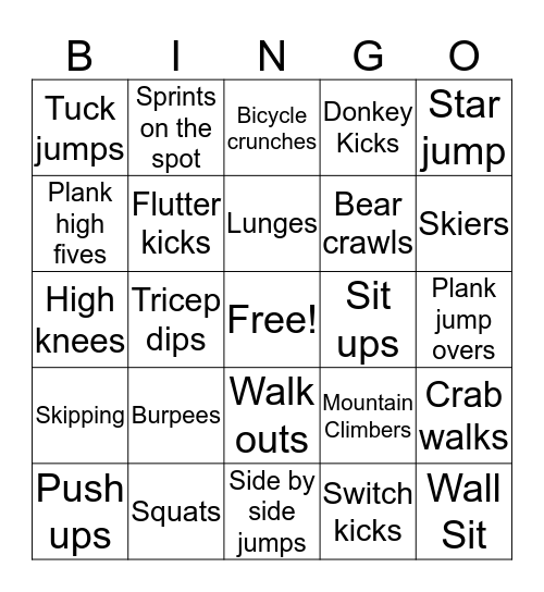 PTC Sports Fitness Bingo  Bingo Card