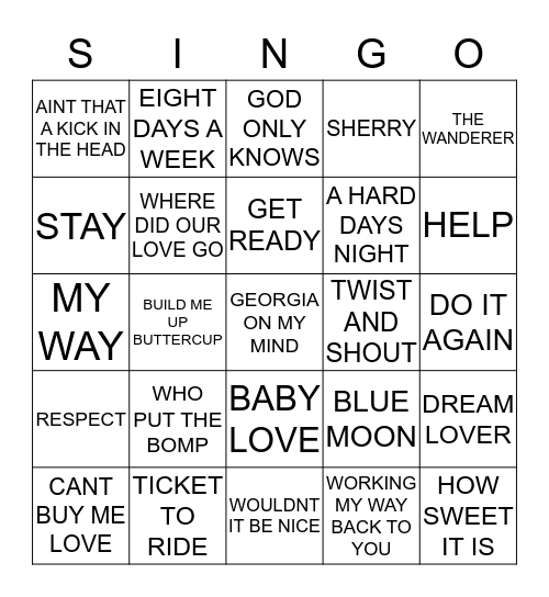 198 REMEBER THE 60’S #1 Bingo Card