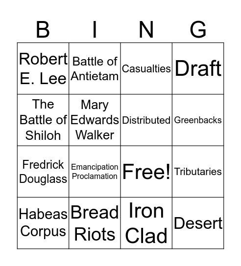 The Civil Terms Bingo Card