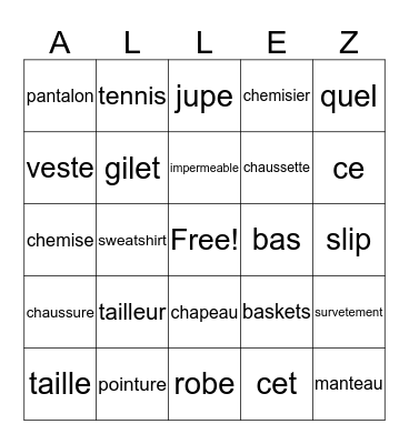 French I Les habits Bingo Card