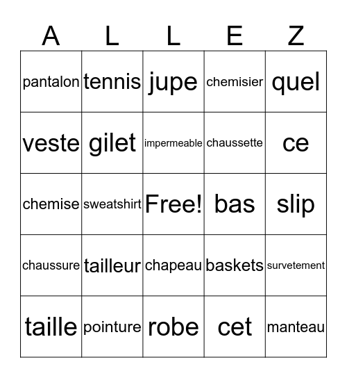 French I Les habits Bingo Card