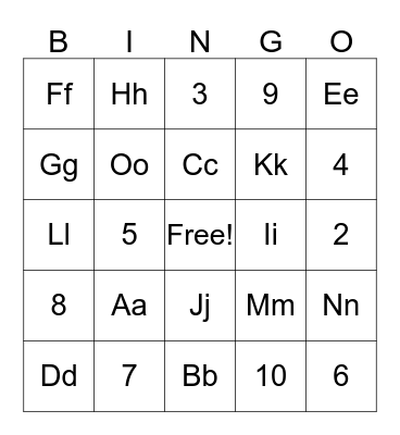 Number and Alphabet Review Bingo Card