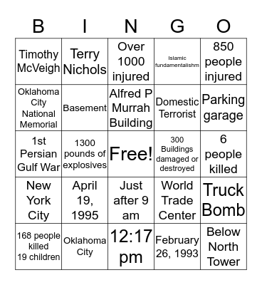 1st WTC and Oklahoma City Bombings Bingo Card