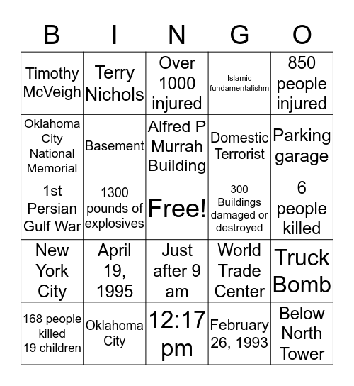 1st WTC and Oklahoma City Bombings Bingo Card