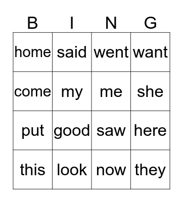 Sight words Bingo Card