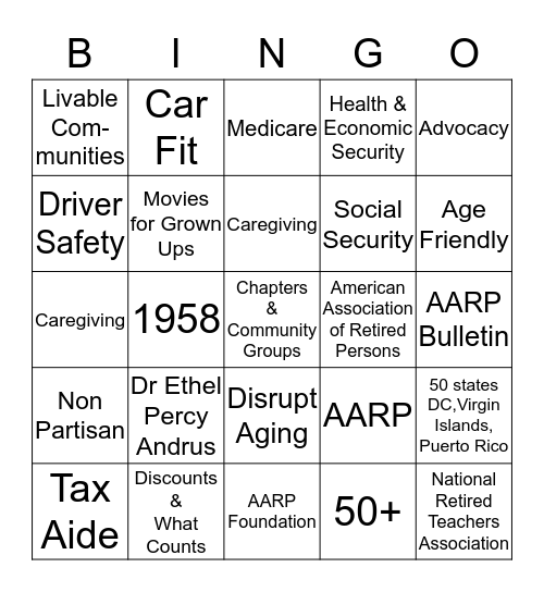 AARP 60th Anniversary Bingo Card